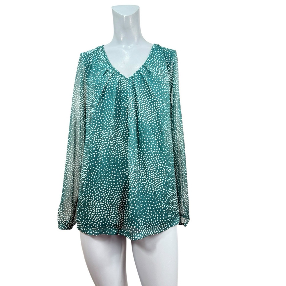 Women's Boden‎ 8 Top Sheer Long Sleeve Knit Back Green with White Dots V-neck
